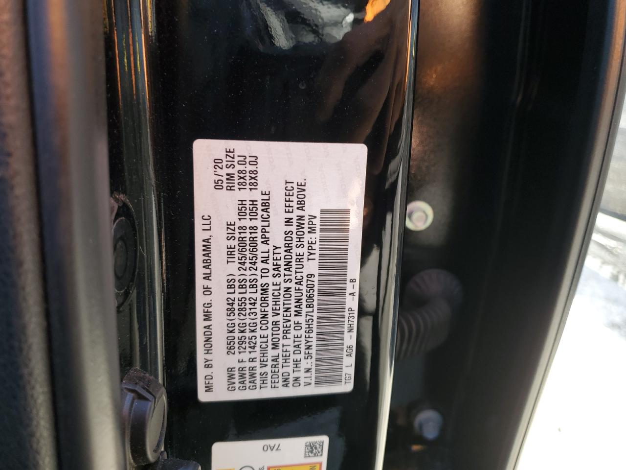 2020 Honda Pilot Exl VIN: 5FNYF6H57LB065079 Lot: 92525525