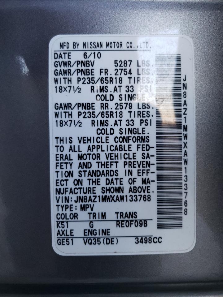 2010 Nissan Murano S VIN: JN8AZ1MWXAW133768 Lot: 92311455
