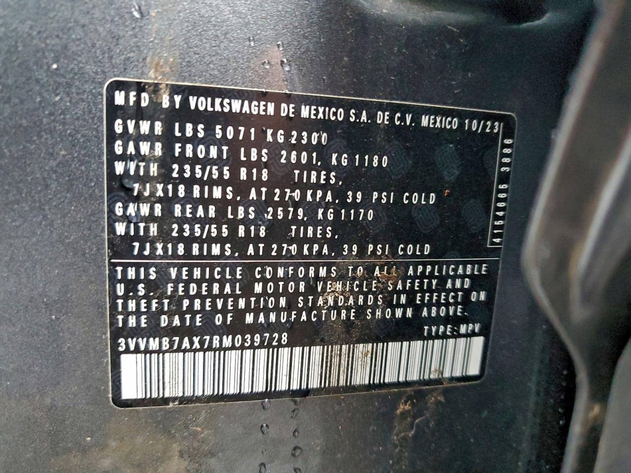 2024 Volkswagen Tiguan Se VIN: 3VVMB7AX7RM039728 Lot: 94353445
