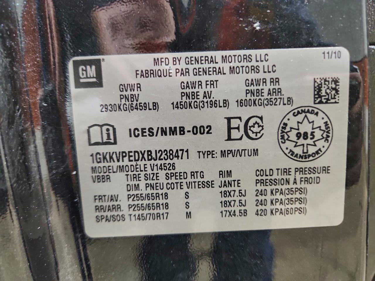 2011 GMC Acadia Sle VIN: 1GKKVPEDXBJ238471 Lot: 93995775