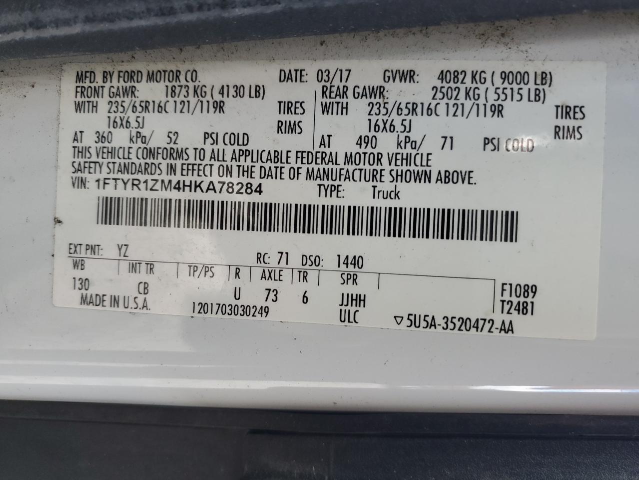 2017 Ford Transit Delivery Van VIN: 1FTYR1ZM4HKA78284 Lot: 92158425