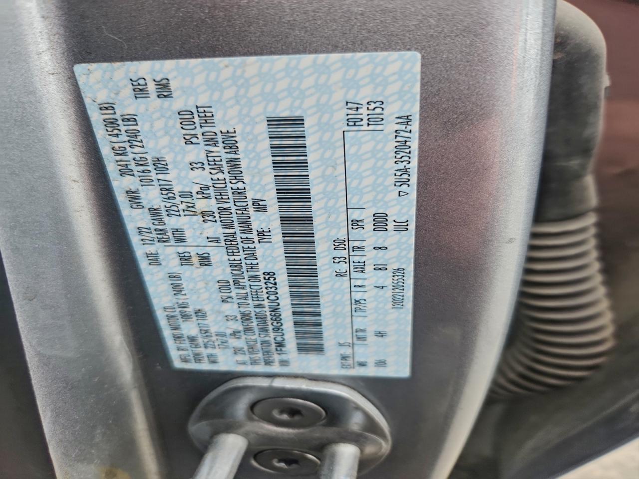 2022 Ford Escape Se VIN: 1FMCU9G66NUC03258 Lot: 93961755