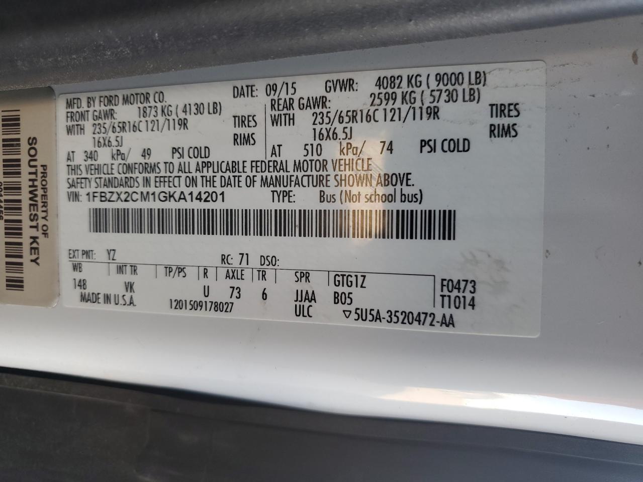 2016 Ford Transit T-350 VIN: 1FBZX2CM1GKA14201 Lot: 91263135