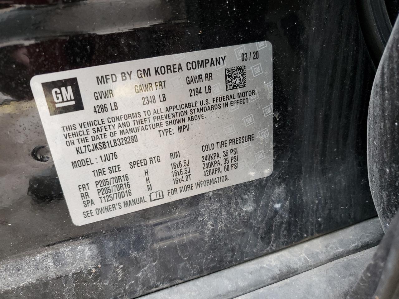 2020 Chevrolet Trax Ls VIN: KL7CJKSB1LB328280 Lot: 91583405