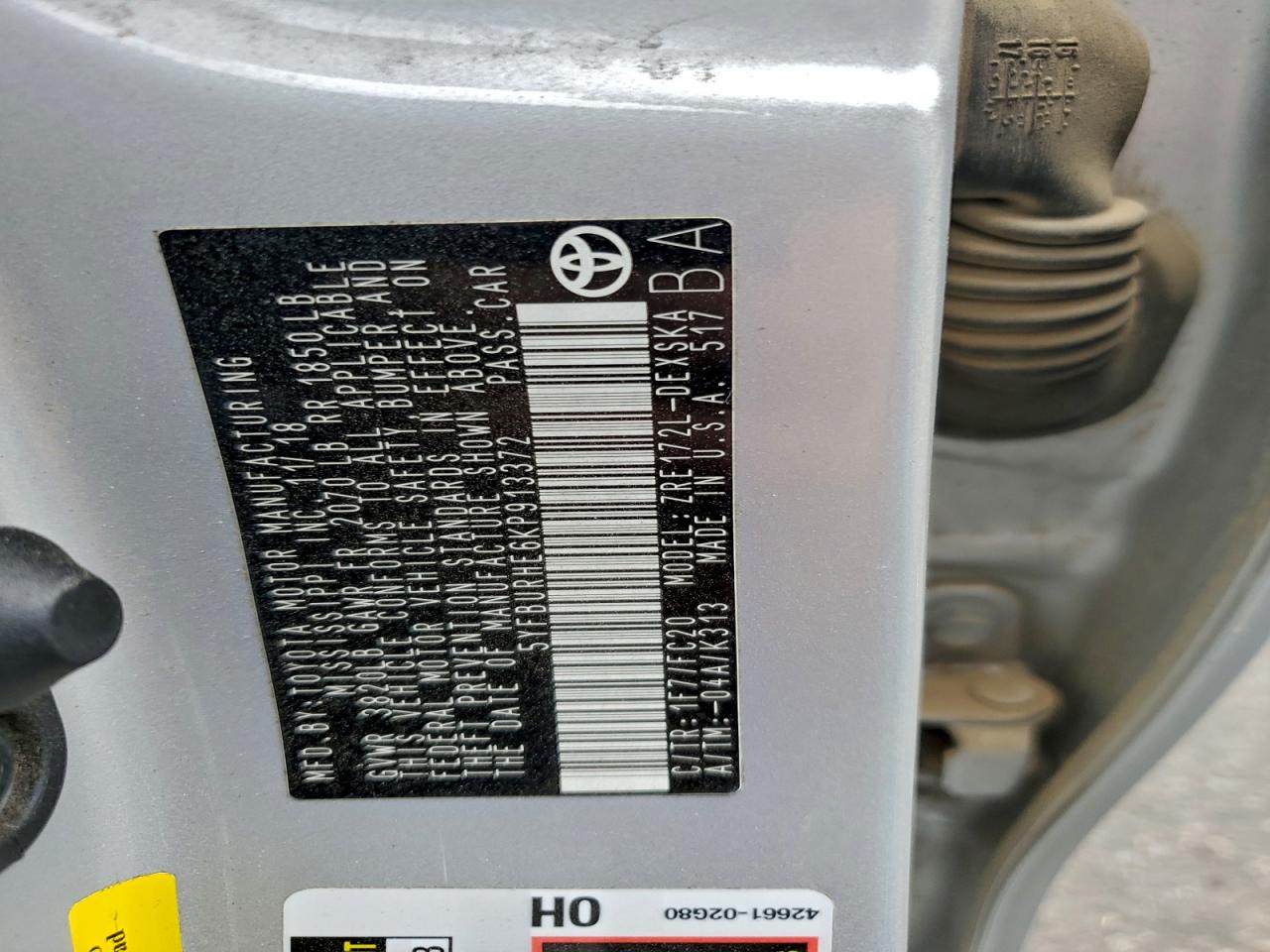 2019 Toyota Corolla L VIN: 5YFBURHE6KP913372 Lot: 93907345