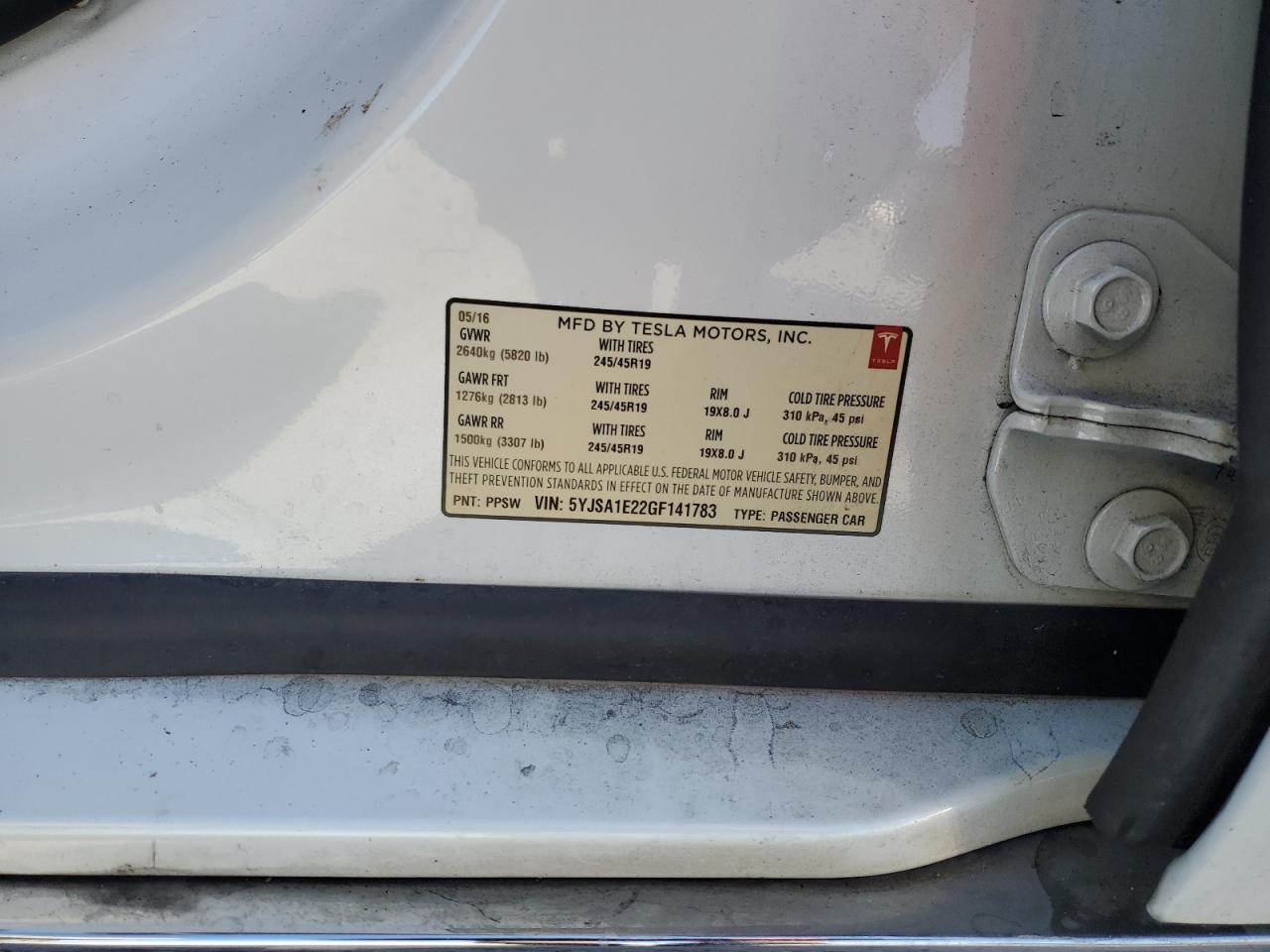 2016 Tesla Model S VIN: 5YJSA1E22GF141783 Lot: 92808305