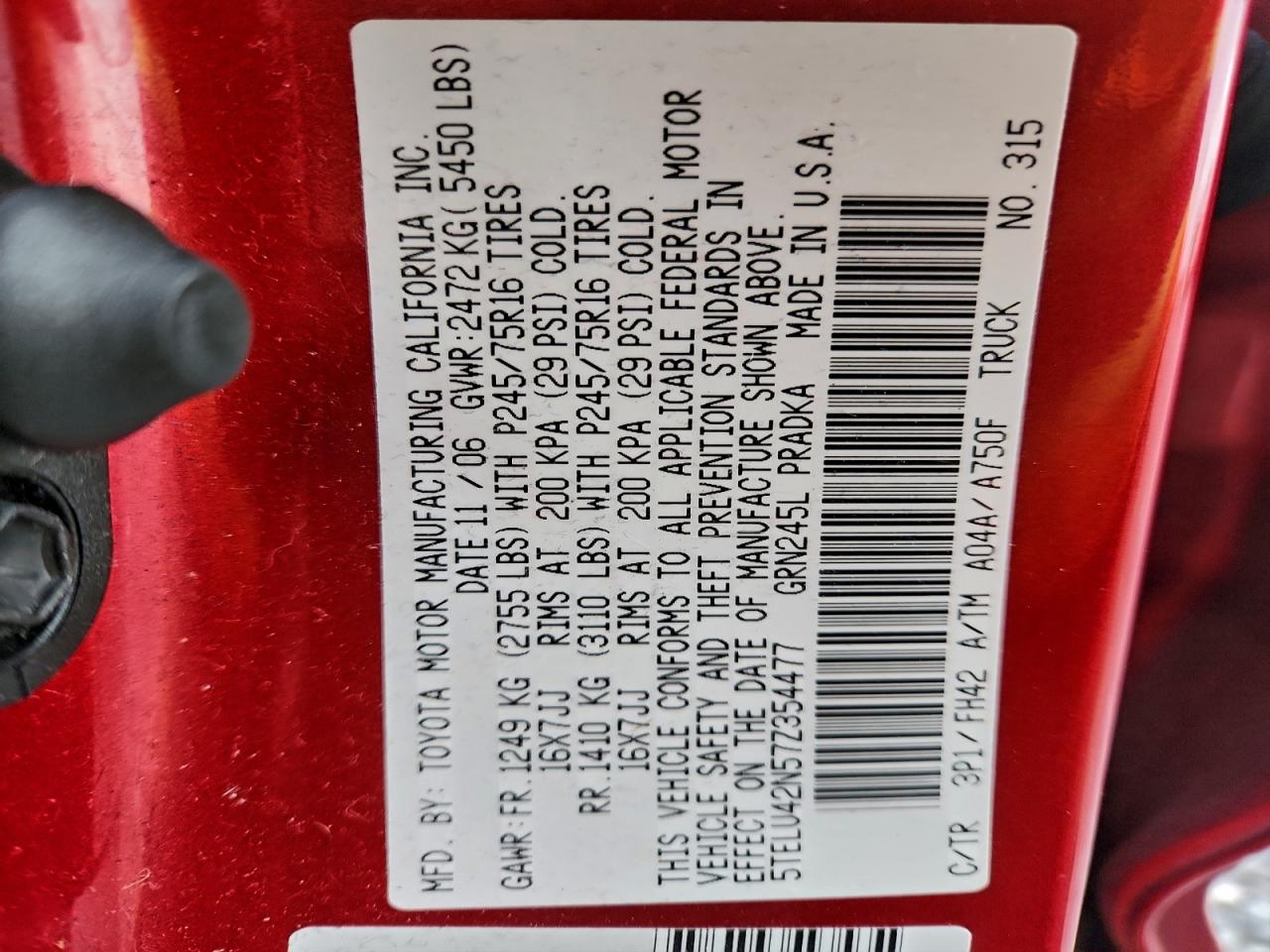 2007 Toyota Tacoma Double Cab VIN: 5TELU42N57Z354477 Lot: 94286315