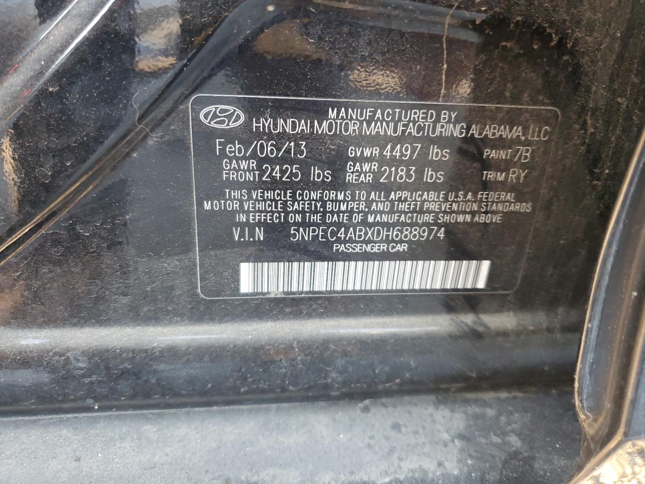 2013 Hyundai Sonata Se VIN: 5NPEC4ABXDH688974 Lot: 92118635