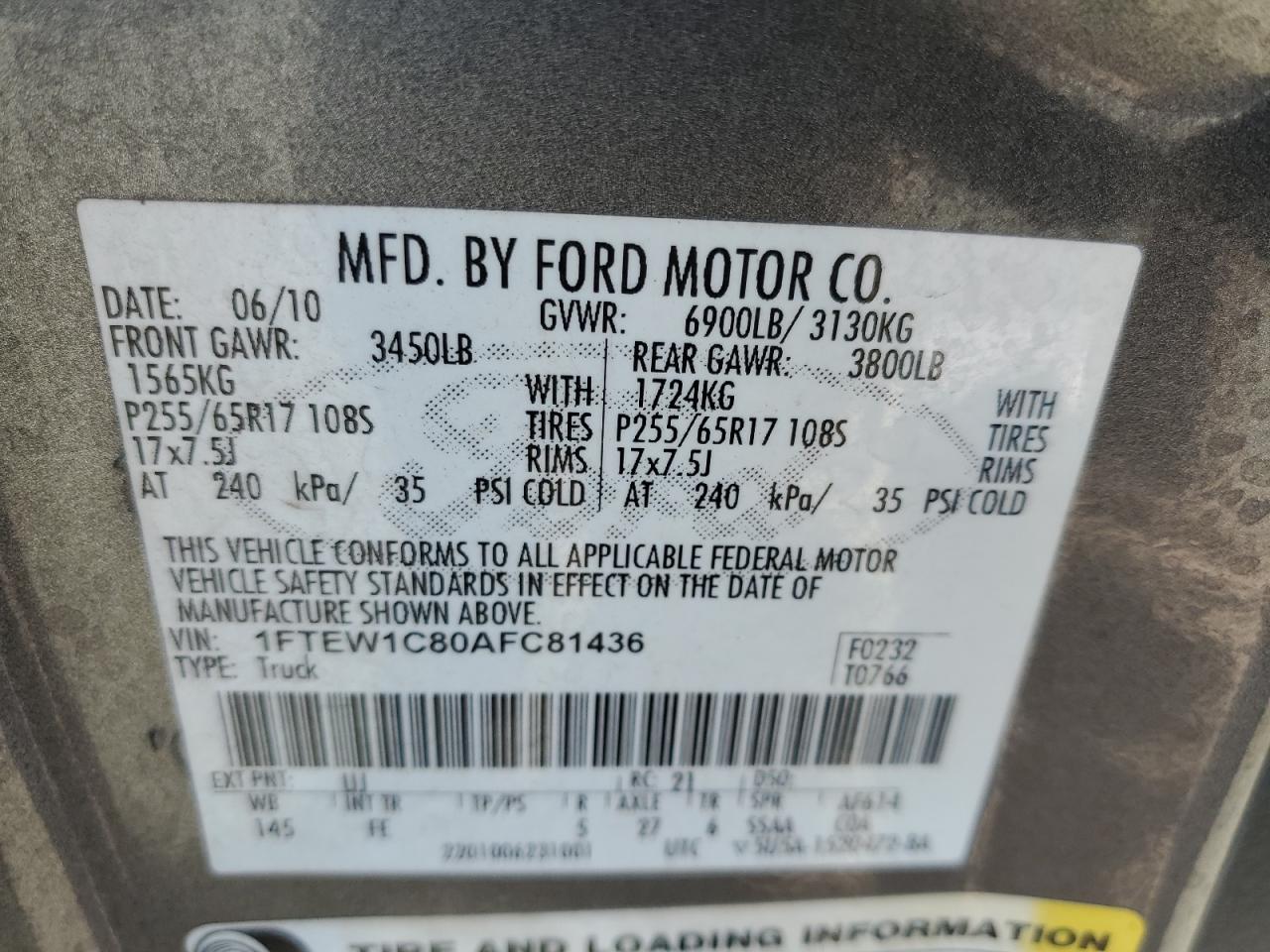 2010 Ford F150 Supercrew VIN: 1FTEW1C80AFC81436 Lot: 85415395