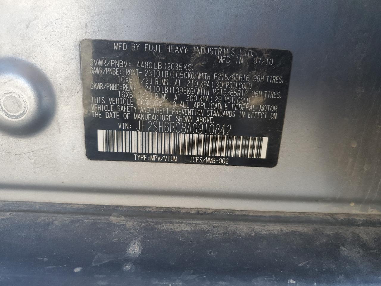 2010 Subaru Forester Xs VIN: JF2SH6BC8AG910842 Lot: 93248295