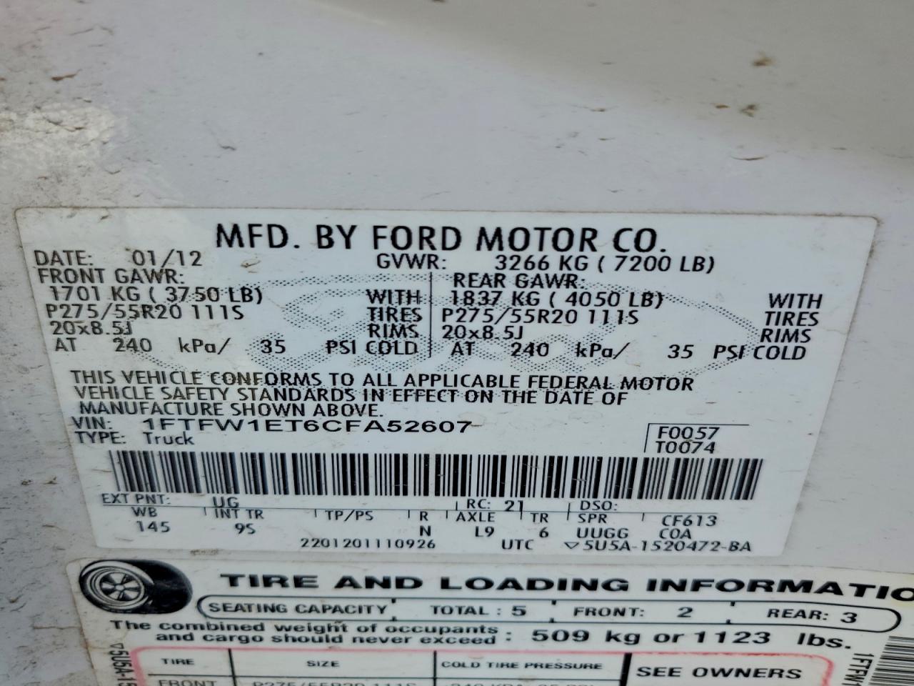 2012 Ford F150 Supercrew VIN: 1FTFW1ET6CFA52607 Lot: 94225325