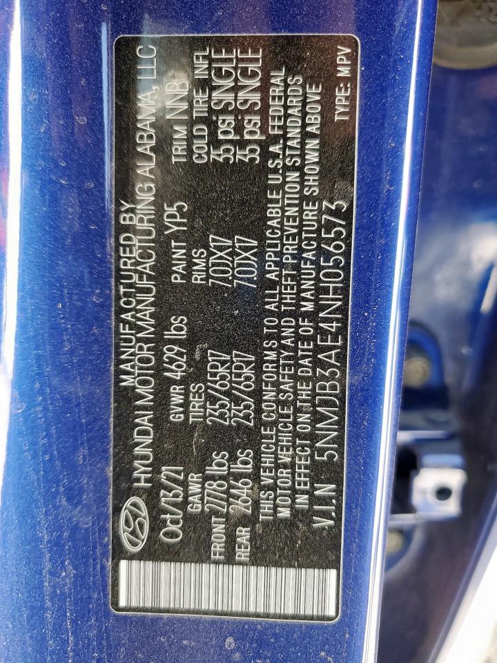 2022 Hyundai Tucson Sel VIN: 5NMJB3AE4NH056573 Lot: 92735035