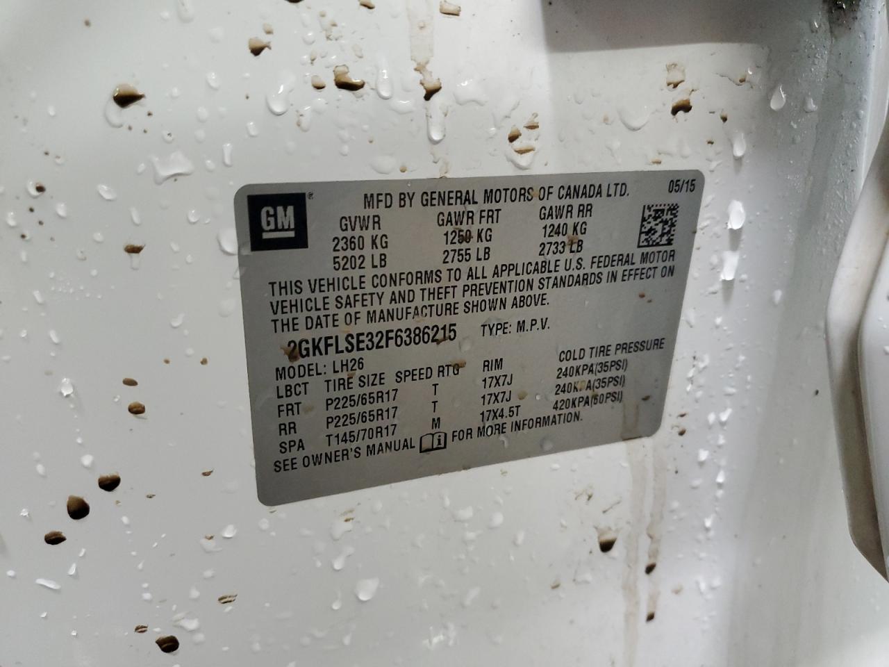 2015 GMC Terrain Slt VIN: 2GKFLSE32F6386215 Lot: 92504535