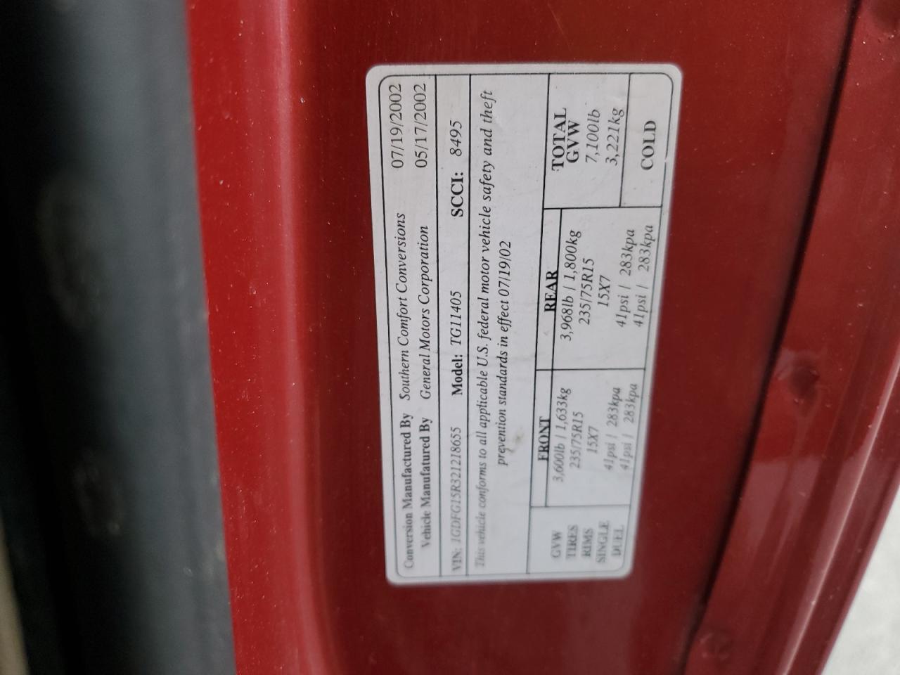 2002 GMC Savana Rv G1500 VIN: 1GDFG15R321218655 Lot: 92252045