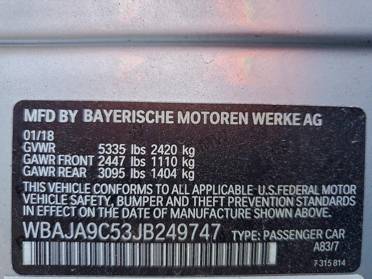 2018 BMW 530E VIN: WBAJA9C53JB249747 Lot: 94058695