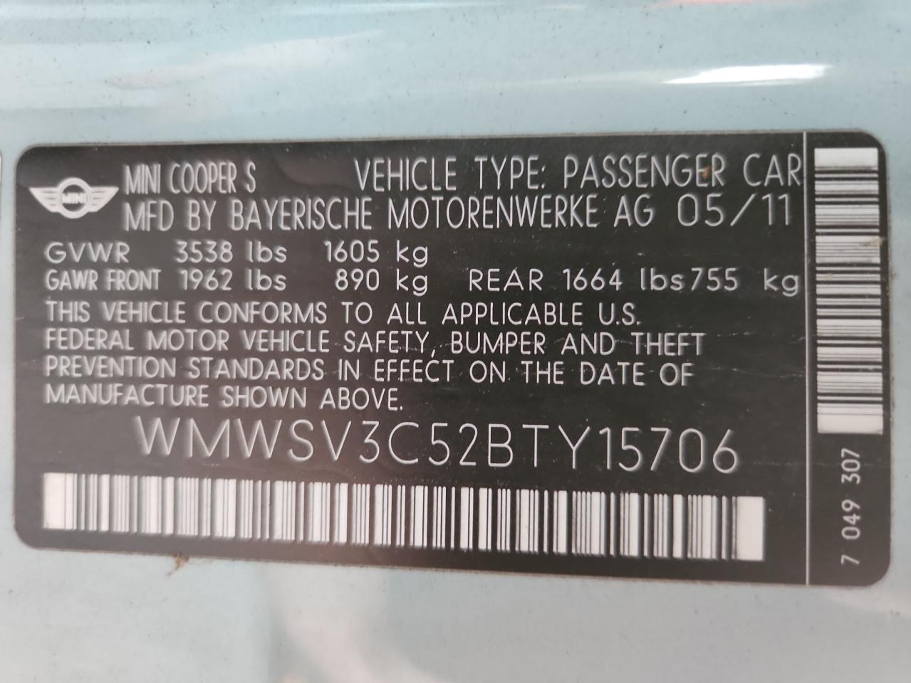 2011 Mini Cooper S VIN: WMWSV3C52BTY15706 Lot: 90618045