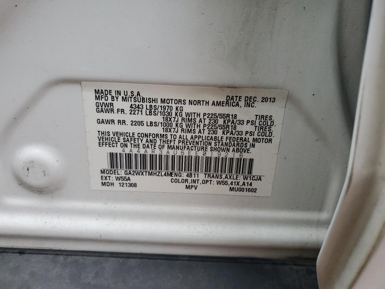 2014 Mitsubishi Outlander Sport Es VIN: 4A4AR3AU6EE019216 Lot: 93325935