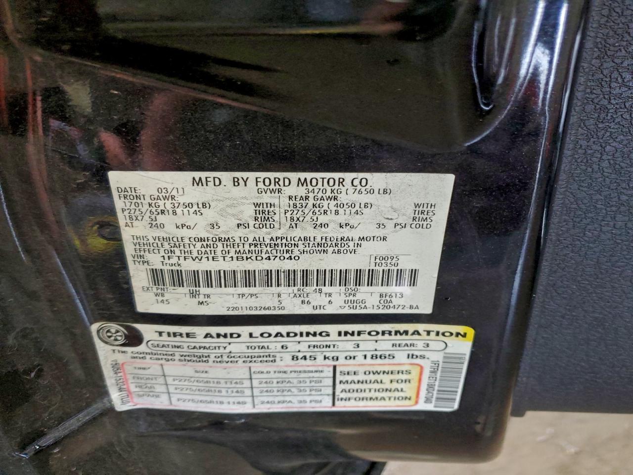 2011 Ford F150 Supercrew VIN: 1FTFW1ET1BKD47040 Lot: 94338845