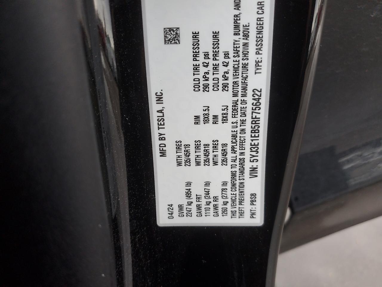 2024 Tesla Model 3 VIN: 5YJ3E1EB5RF756422 Lot: 91744405