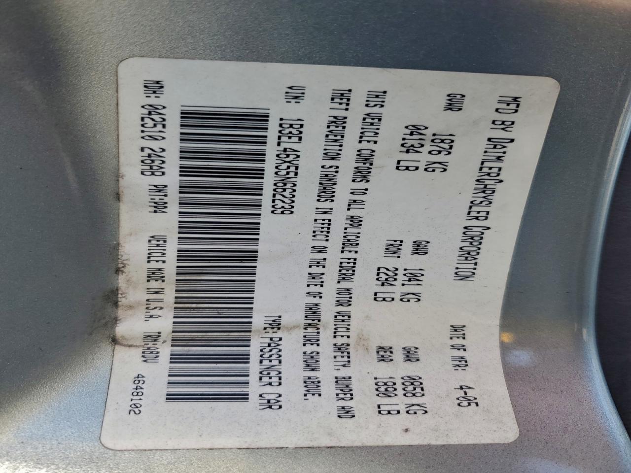 2005 Dodge Stratus Sxt VIN: 1B3EL46X55N662239 Lot: 93721005