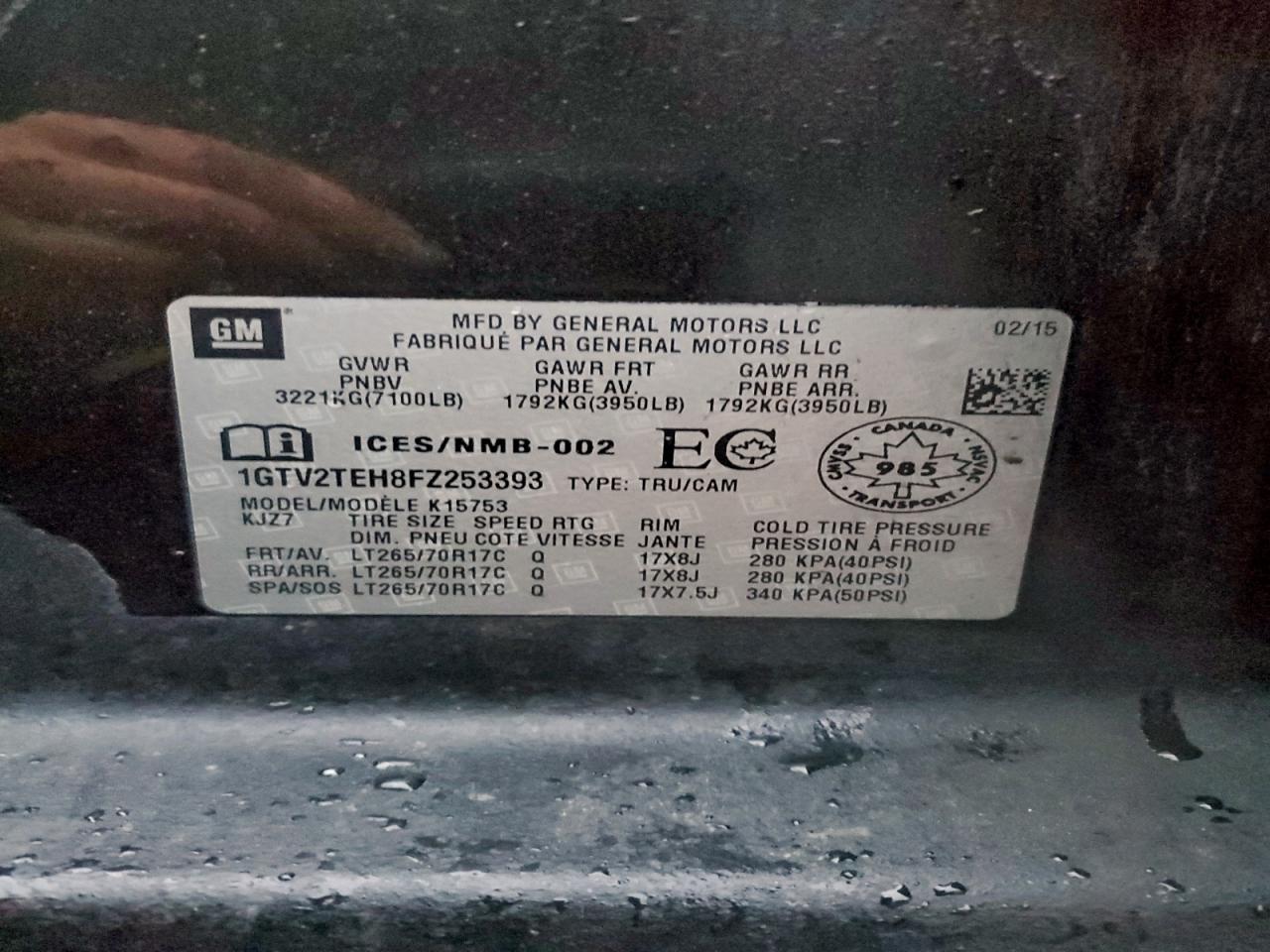 2015 GMC Sierra K1500 VIN: 1GTV2TEH8FZ253393 Lot: 94158955
