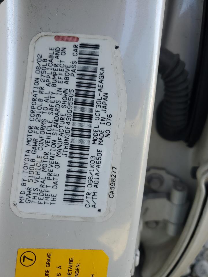 2003 Lexus Ls 430 VIN: JTHBN30F430095505 Lot: 91182565