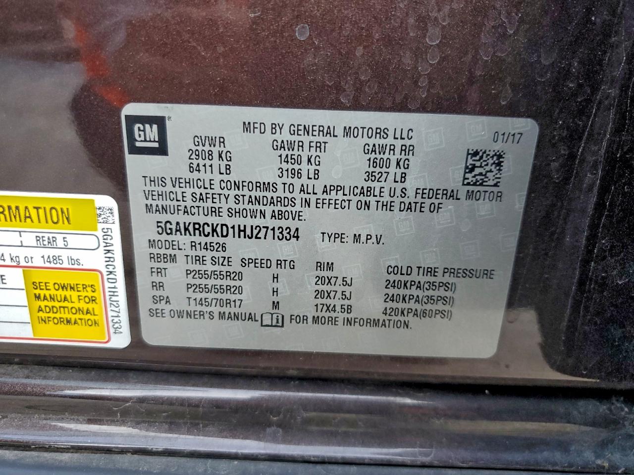 2017 Buick Enclave VIN: 5GAKRCKD1HJ271334 Lot: 93280335