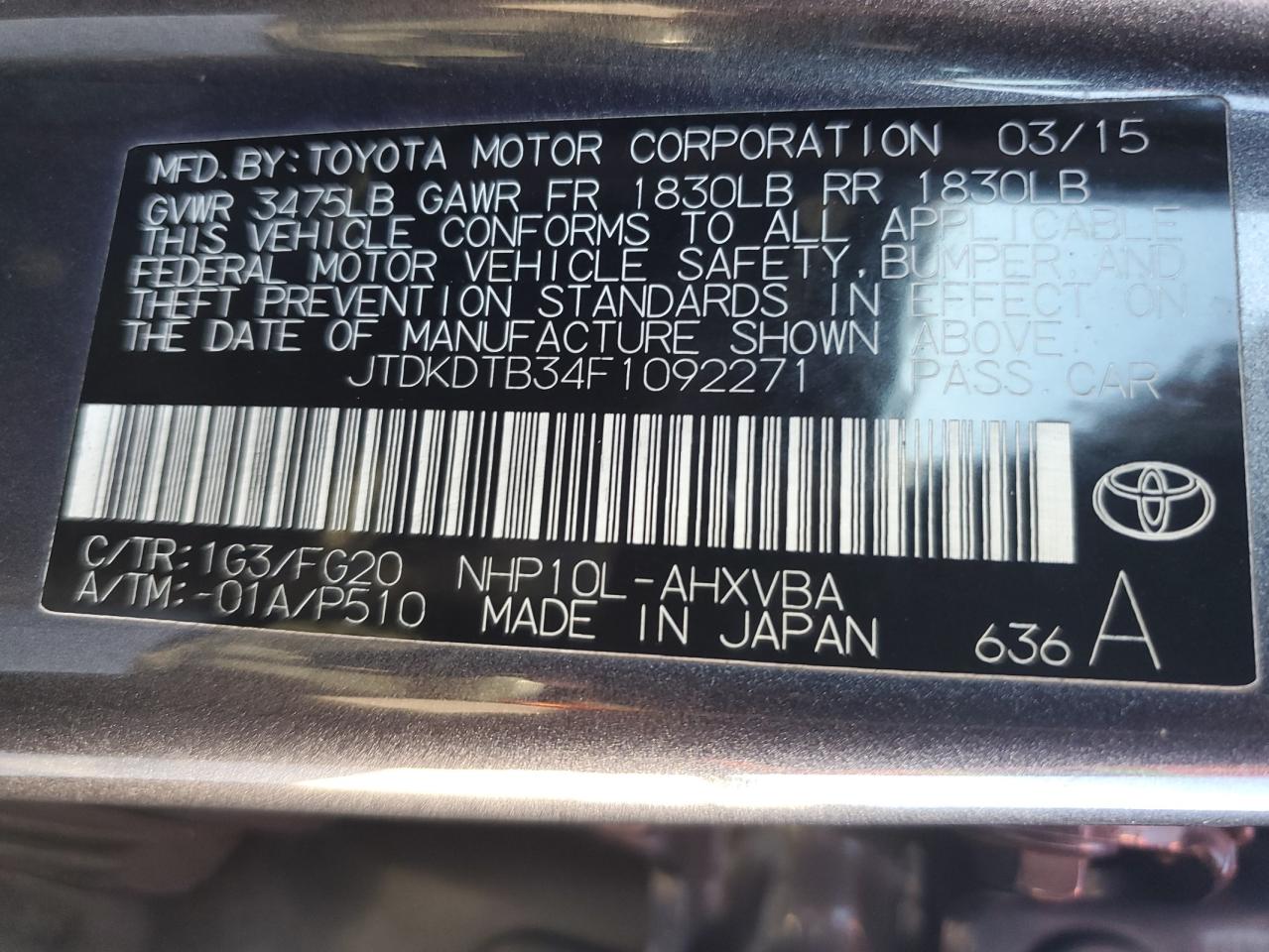 2015 Toyota Prius C VIN: JTDKDTB34F1092271 Lot: 92189645