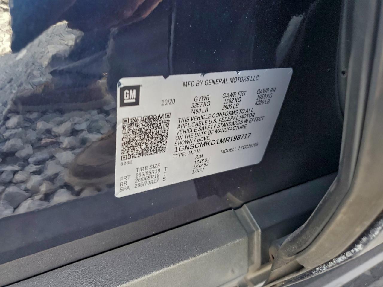 2021 Chevrolet Tahoe C1500 Ls VIN: 1GNSCMKD1MR198717 Lot: 94302095