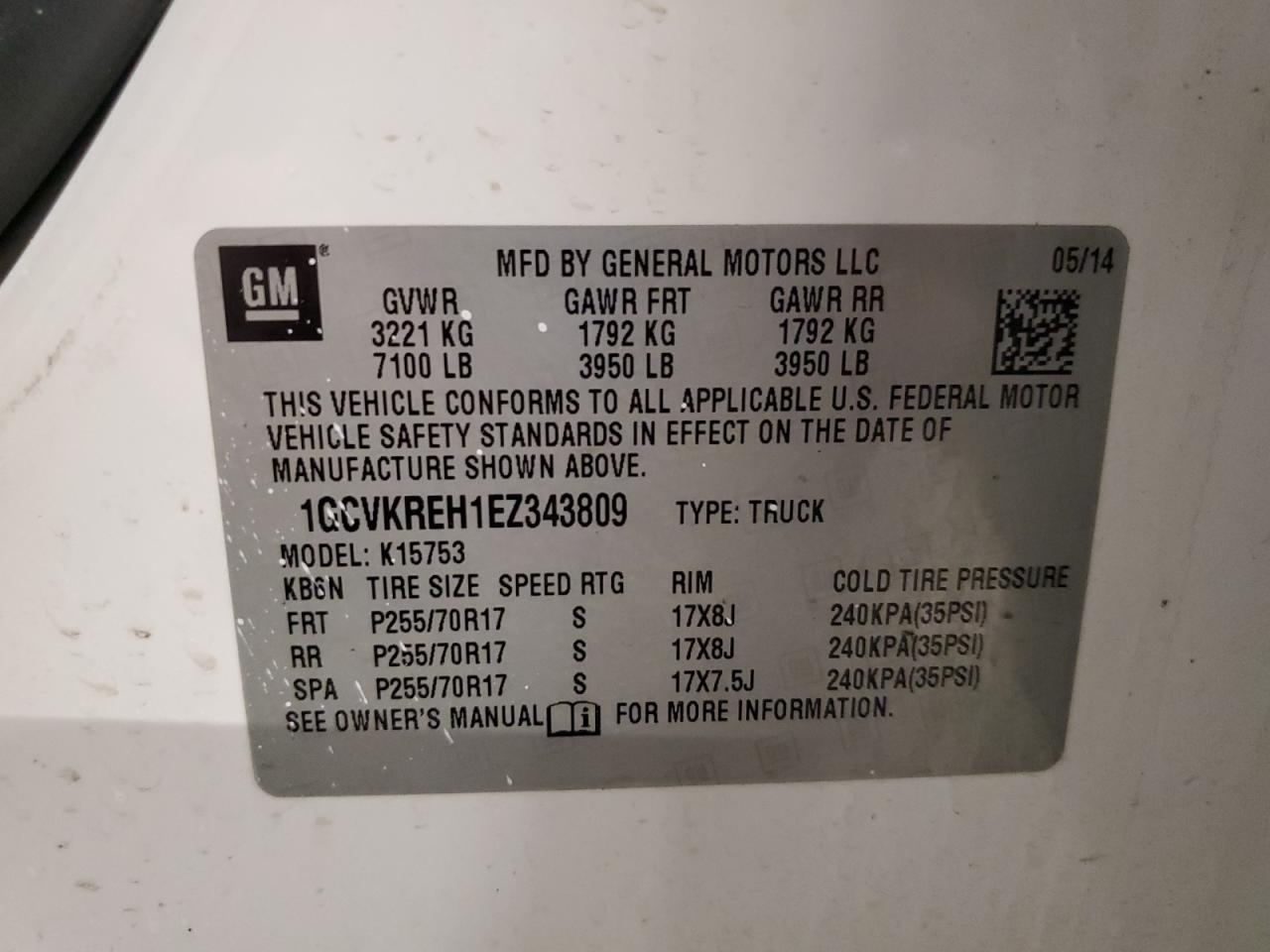 2014 Chevrolet Silverado K1500 Lt VIN: 1GCVKREH1EZ343809 Lot: 93313705