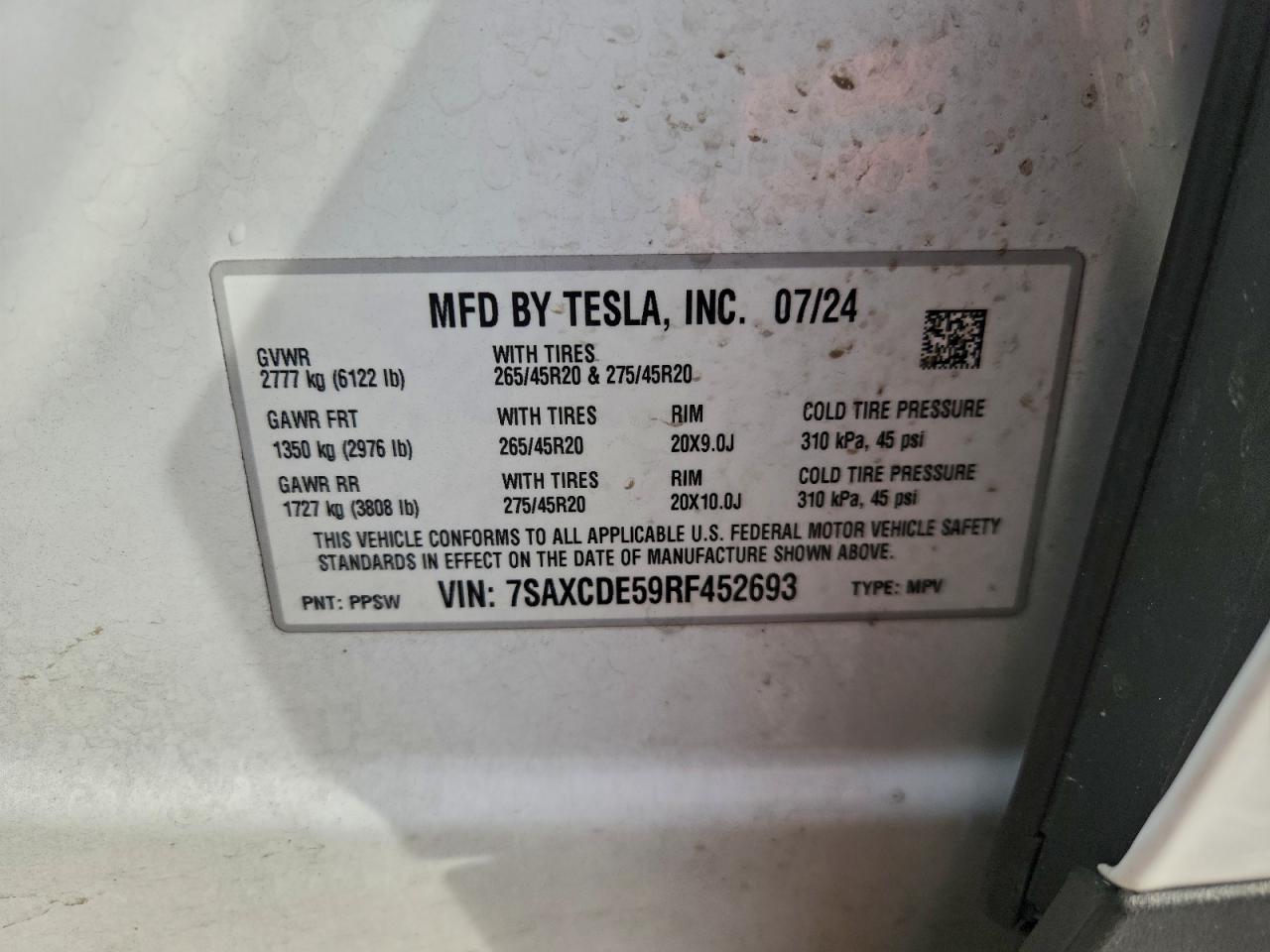 2024 Tesla Model X VIN: 7SAXCDE59RF452693 Lot: 93271555