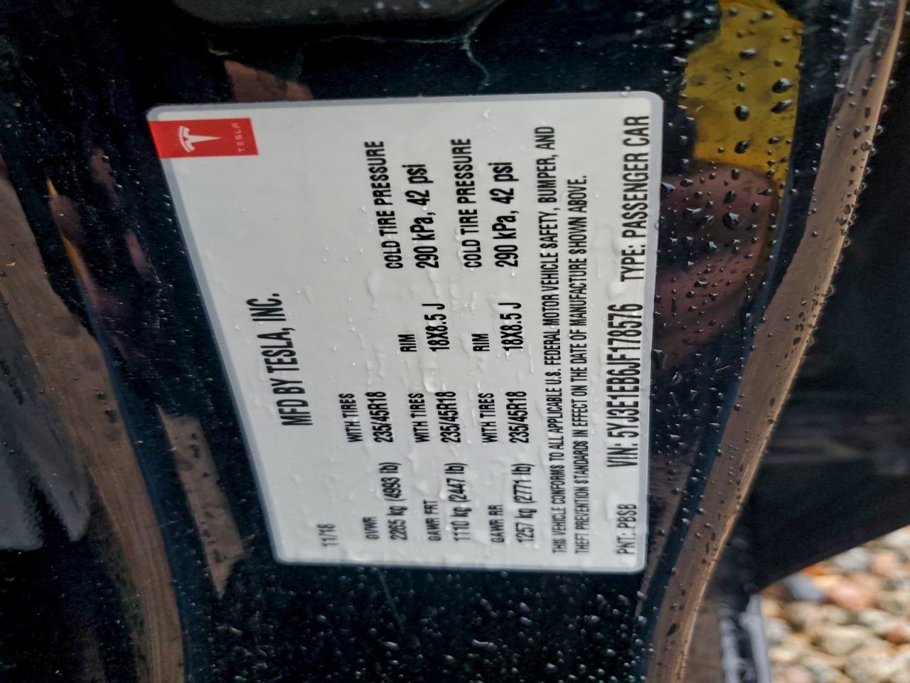 2018 Tesla Model 3 VIN: 5YJ3E1EB6JF178576 Lot: 93720045