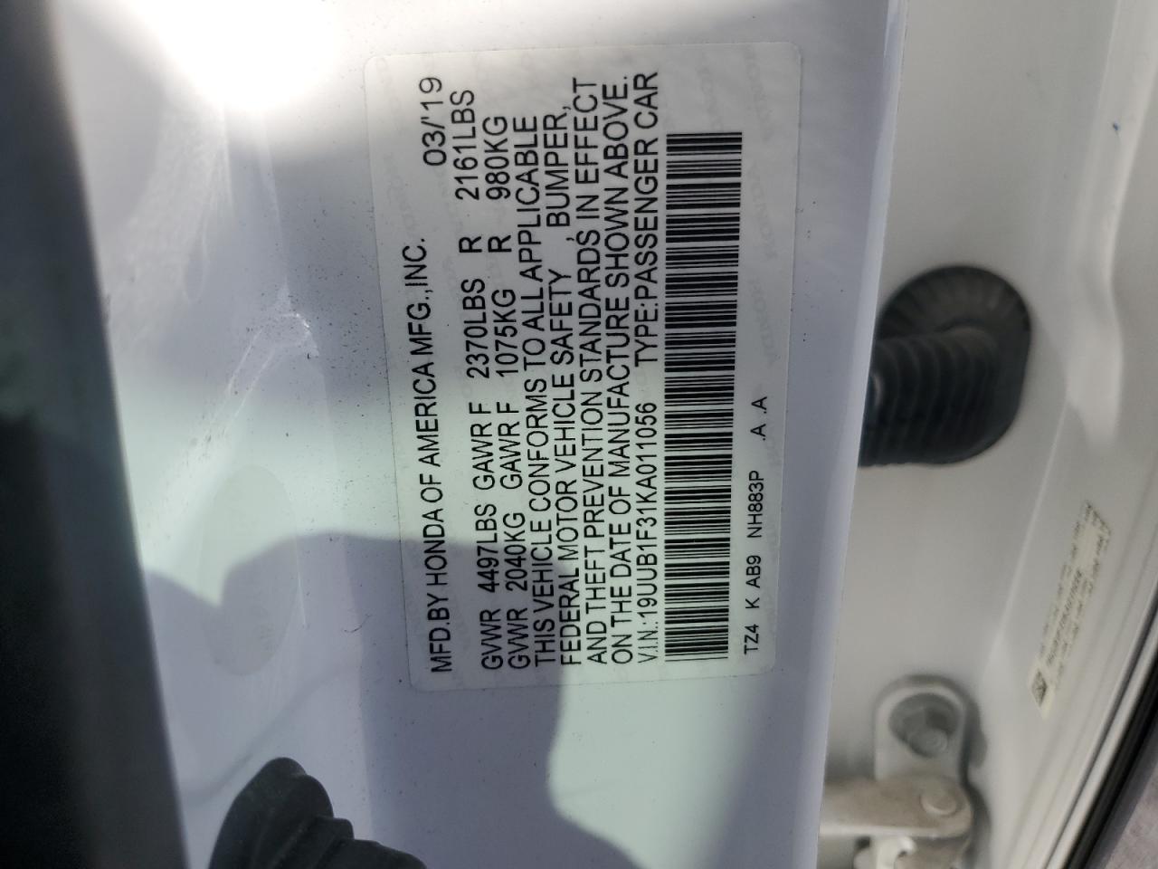 2019 Acura Tlx VIN: 19UUB1F31KA011056 Lot: 92456105