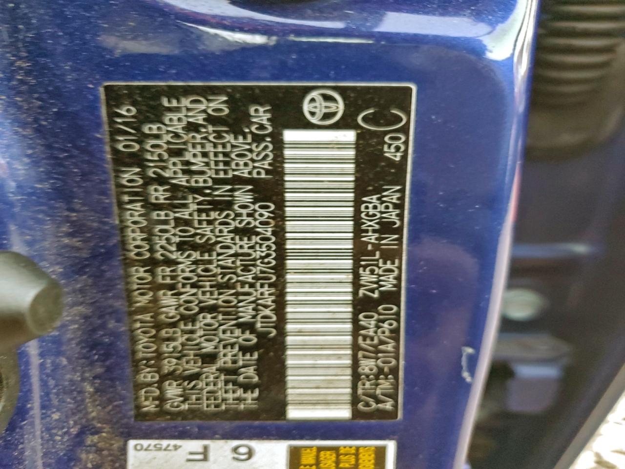 2016 Toyota Prius VIN: JTDKARFU7G3504090 Lot: 93860035