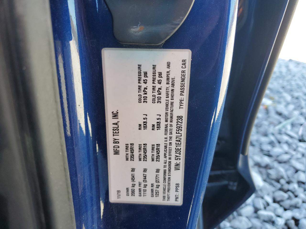 2020 Tesla Model 3 VIN: 5YJ3E1EA7LF597238 Lot: 91017745