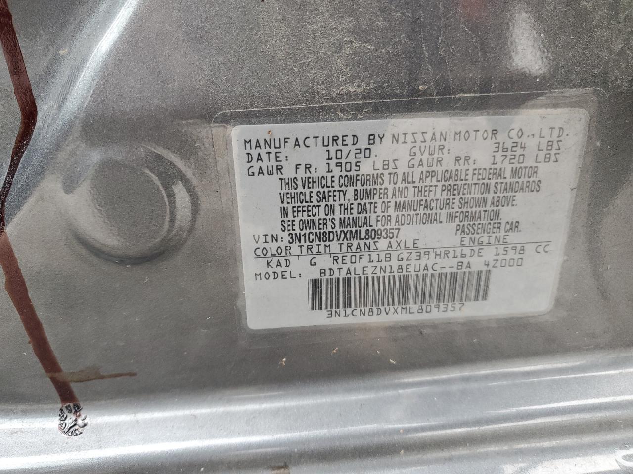 2021 Nissan Versa S VIN: 3N1CN8DVXML809357 Lot: 93596005