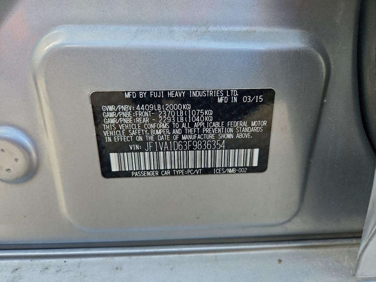 2015 Subaru Wrx Premium VIN: JF1VA1D63F9836354 Lot: 93732385