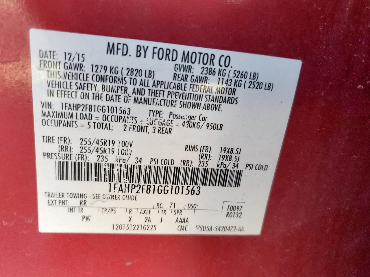 2016 Ford Taurus Limited VIN: 1FAHP2F81GG101563 Lot: 85433705