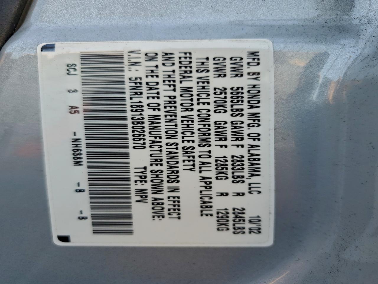 2003 Honda Odyssey Exl VIN: 5FNRL18913B026670 Lot: 93392375