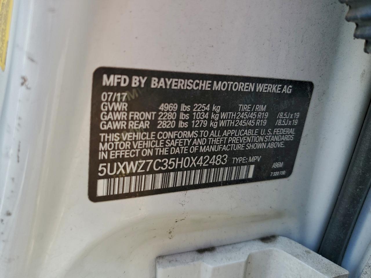 2017 BMW X3 Sdrive28I VIN: 5UXWZ7C35H0X42483 Lot: 93043375