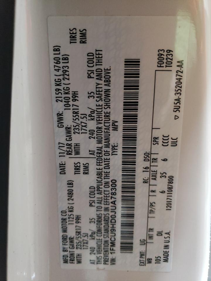 2018 Ford Escape Sel VIN: 1FMCU9HD0JUA78300 Lot: 93252315