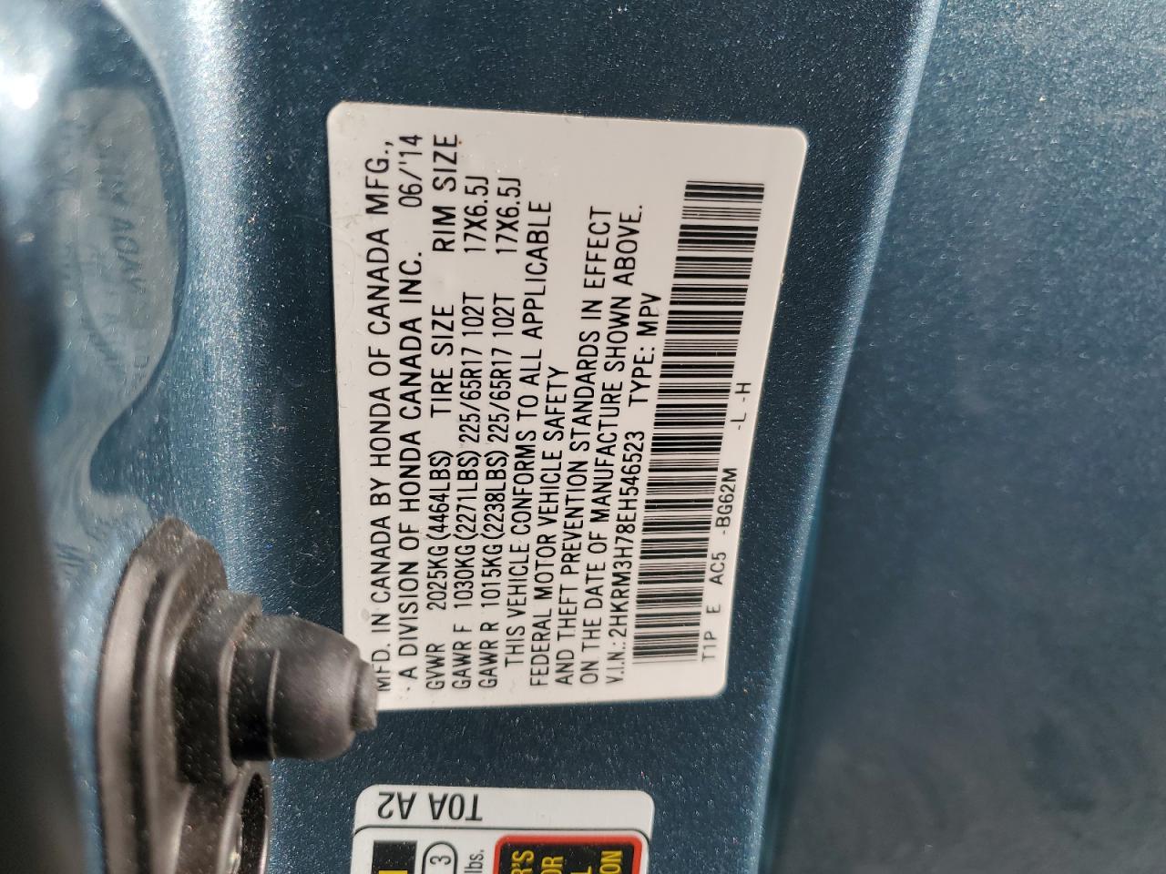 2014 Honda Cr-V Exl VIN: 2HKRM3H78EH546523 Lot: 91979865