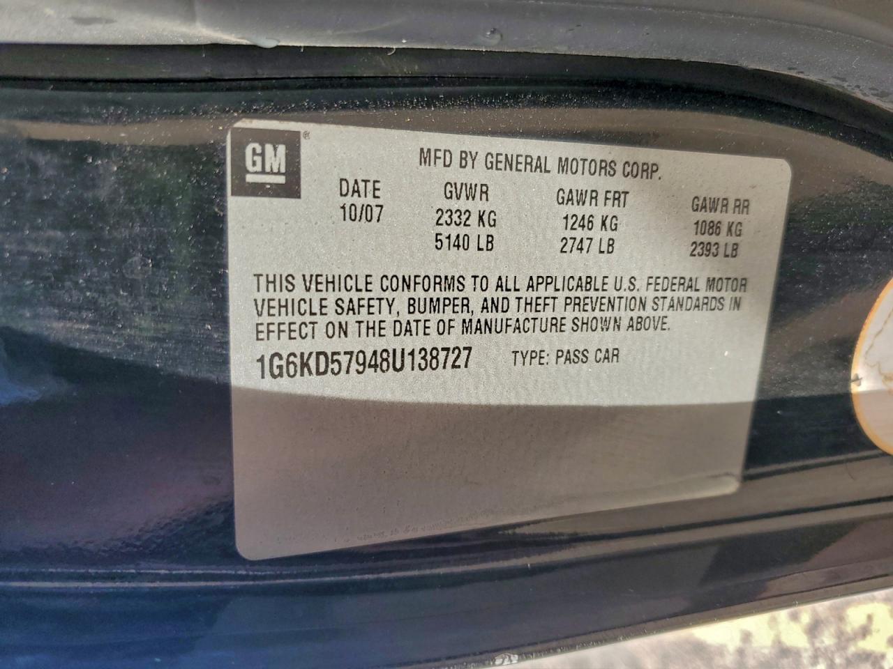 2008 Cadillac Dts VIN: 1G6KD57948U138727 Lot: 94504445