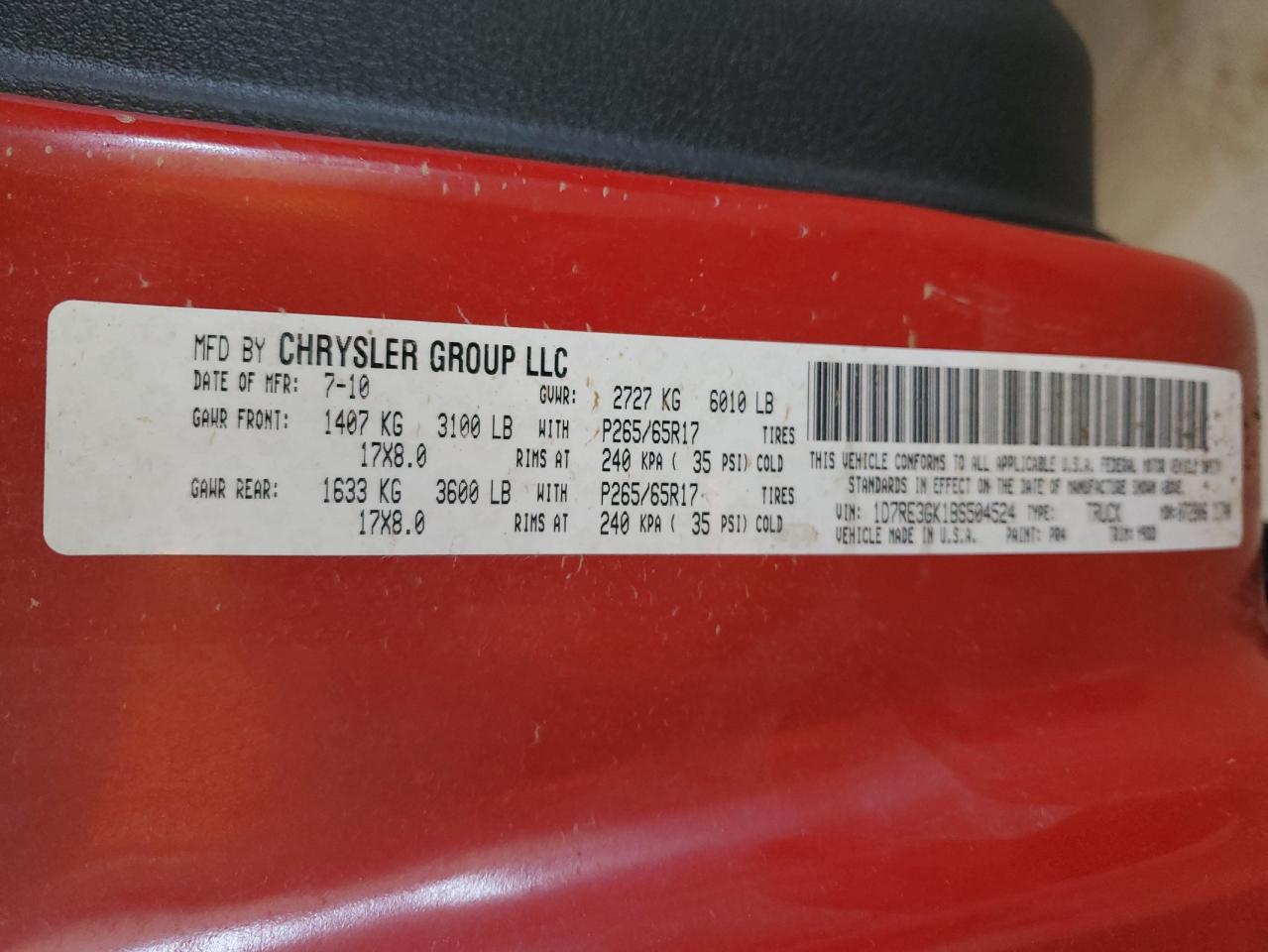 2011 Dodge Dakota Slt VIN: 1D7RE3GK1BS504524 Lot: 91127995