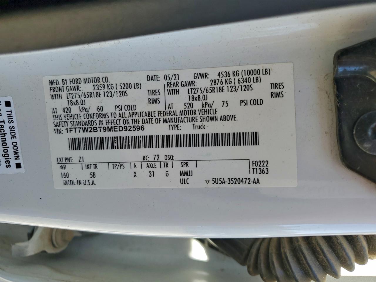 2021 Ford F250 Super Duty VIN: 1FT7W2BT9MED92596 Lot: 90790785