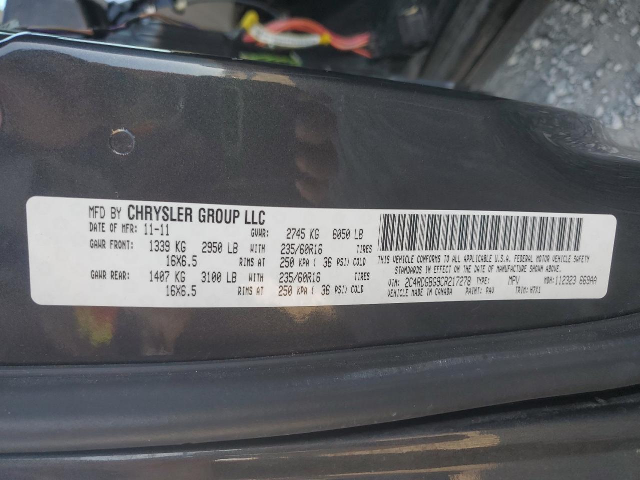 2012 Dodge Grand Caravan Se VIN: 2C4RDGBG9CR217278 Lot: 92404755