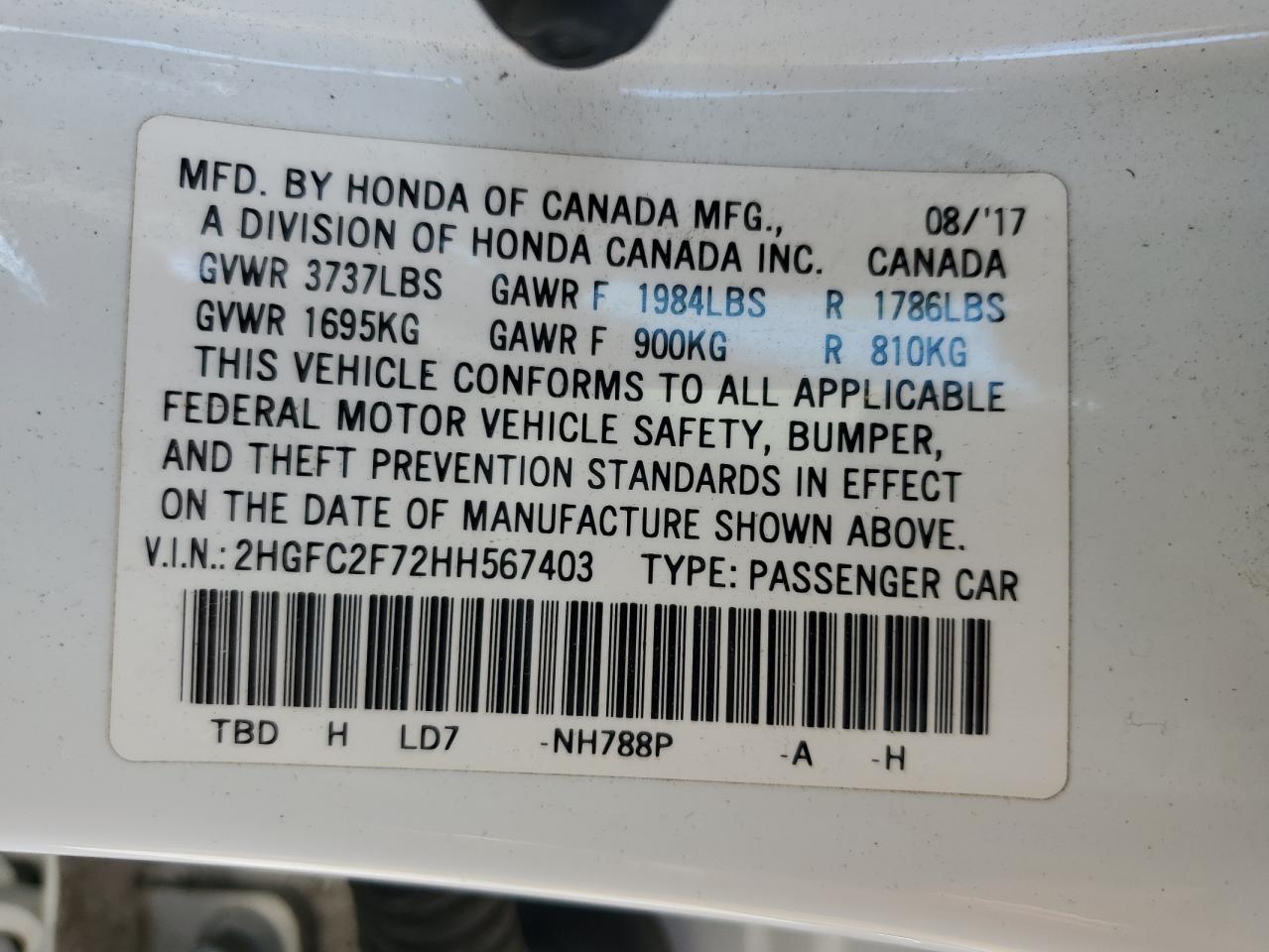 2017 Honda Civic Ex VIN: 2HGFC2F72HH567403 Lot: 93549305