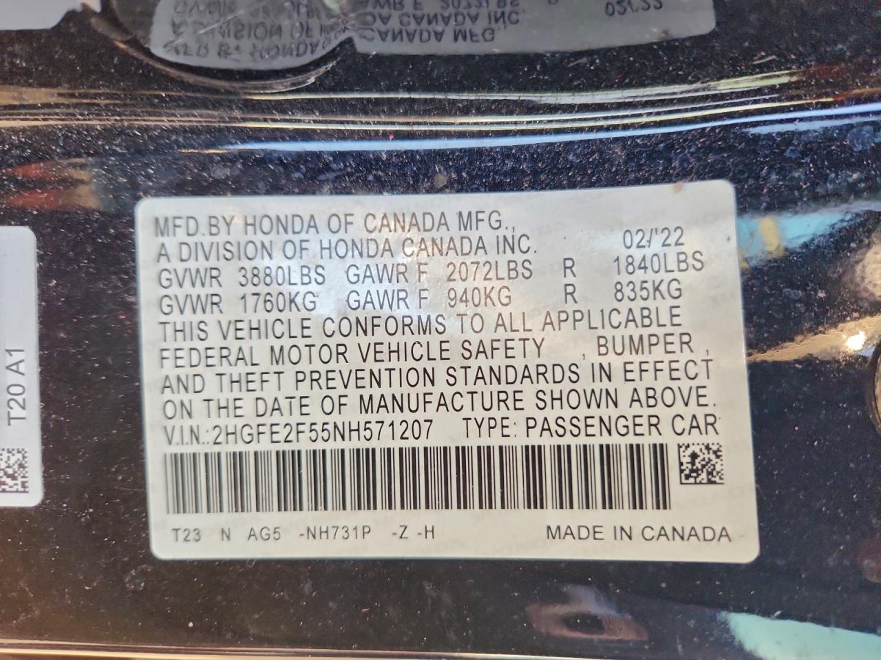 2022 Honda Civic Sport VIN: 2HGFE2F55NH571207 Lot: 94598735