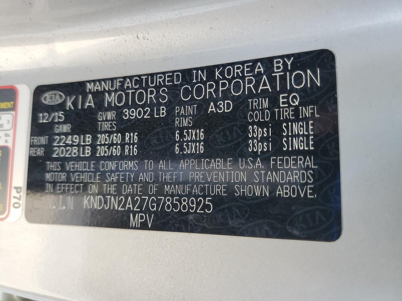 2016 Kia Soul VIN: KNDJN2A27G7858925 Lot: 91840475