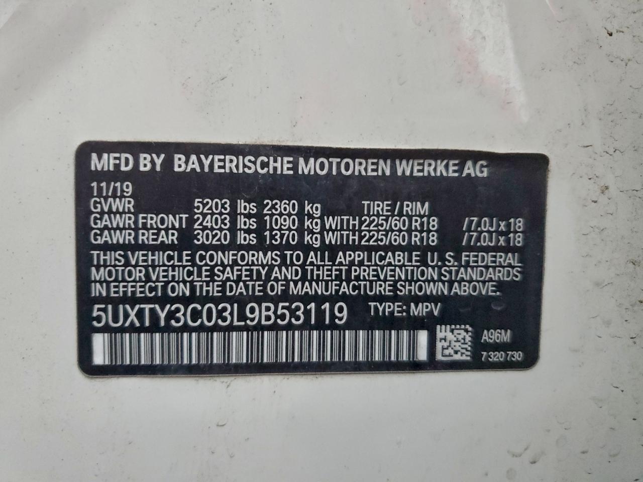 2020 BMW X3 Sdrive30I VIN: 5UXTY3C03L9B53119 Lot: 93786505